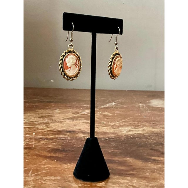 Gold Vintage Carved Cameo Drop Earrings For Sale - Image 8 of 12