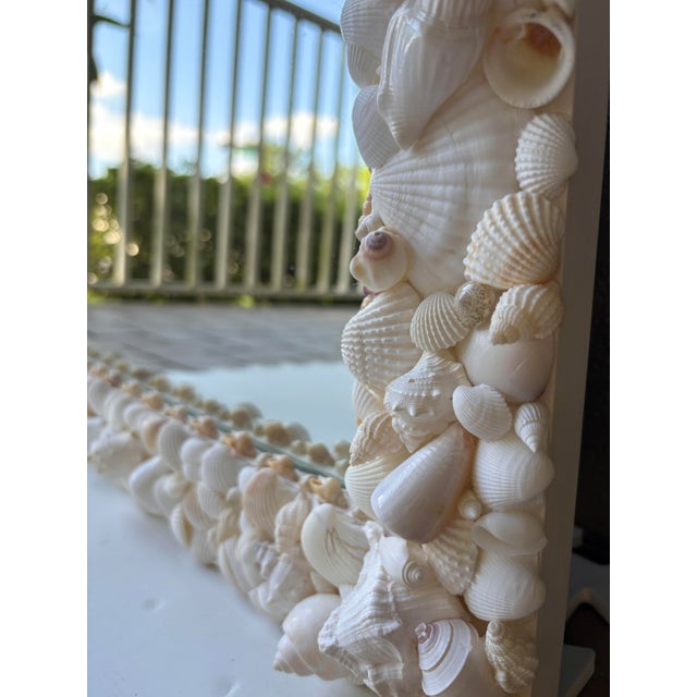 Large White Shell Mirror, 24x34 Coastal Wall Mirror, Handmade Natural Seashell Frame, Luxury Beach House Decor For Sale In Orlando - Image 6 of 9