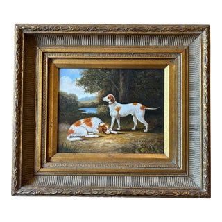 Vintage Oil Painting of Two Hunting Dogs in a Wooded River Landscape in Gold Frame For Sale