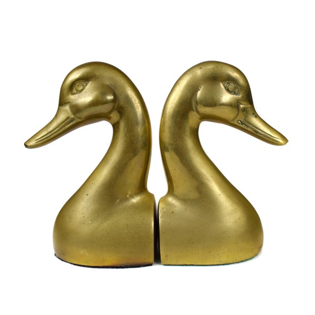 Mid 20th Century Vintage Gold Brass Duck Bird Head Bookends - a