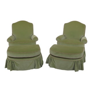 Green Custom Velour Club Chair & Matching Ottomans- 4 Pieces For Sale