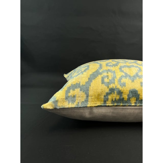 Yellow Velvet Ikat Pillow Cover With Gray Design For Sale - Image 4 of 5
