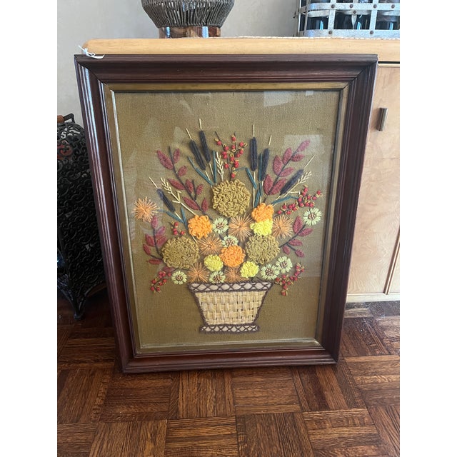 Framed Floral Crewel Needlework - Mid Century Hand Crafted For Sale In New York - Image 6 of 7