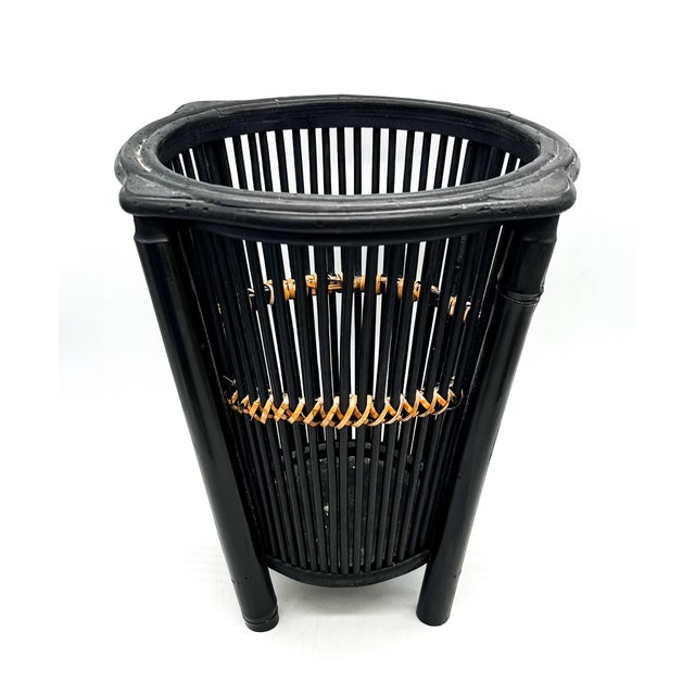 Chinoiserie Vintage Black Bamboo & Rattan Wastebasket – British Colonial / Chinoiserie For Sale - Image 3 of 12