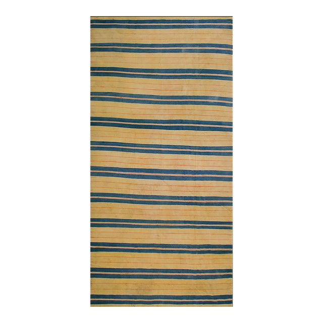 1930s Blue Yellow Stripe Antique Indian Cotton Dhurrie Rug 6' 6" X 13' 4" Flatweave Carpet For Sale