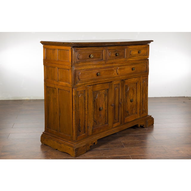 Wood Italian 18th Century Walnut Credenza with Four Drawers, Two Doors, Bracket Feet For Sale - Image 7 of 12