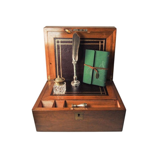 Victorian Military Campaign Burr Walnut Writing Slope Tooled Leather Skiver, Set of 4 For Sale - Image 10 of 15