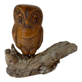 Vintage Brutalist Carved Wood Owl on a Log For Sale