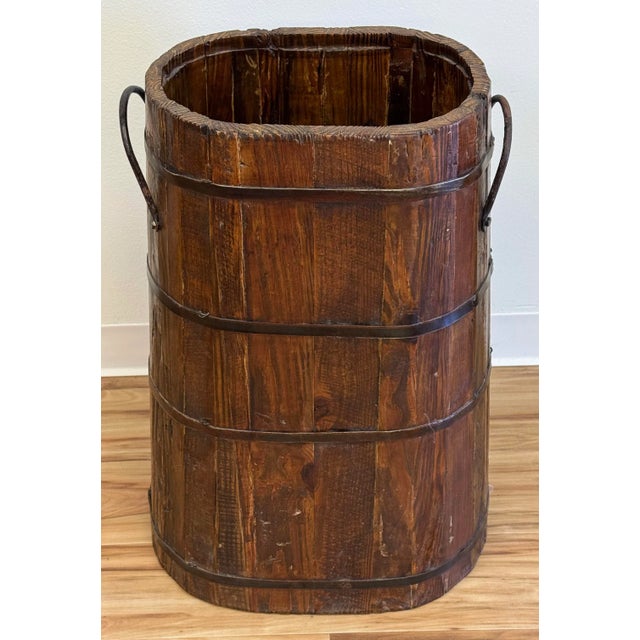 Farmhouse Antique Large Wood Bucket Umbrella Stand With Metal Fittings For Sale - Image 3 of 10