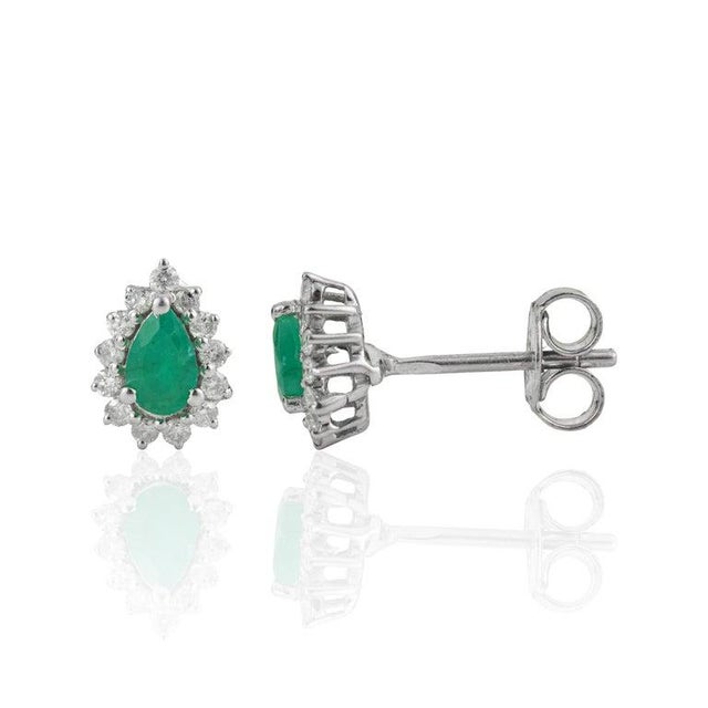 Vintage Style Pear Cut Emerald Diamond Halo Studs in Sterling Silver, a Pair For Sale - Image 6 of 13