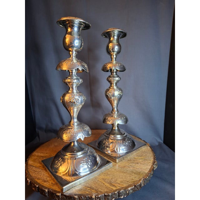 Antique Polish Judaica Silver Plated Shabbat Candlesticks Chaim Grun Warsaw 12" For Sale In Boston - Image 6 of 18