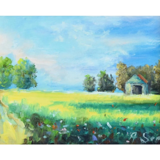 Colorful meadow landscape oil painting on stretched canvas displayed in a new antiqued gold frame. Illegible signature...