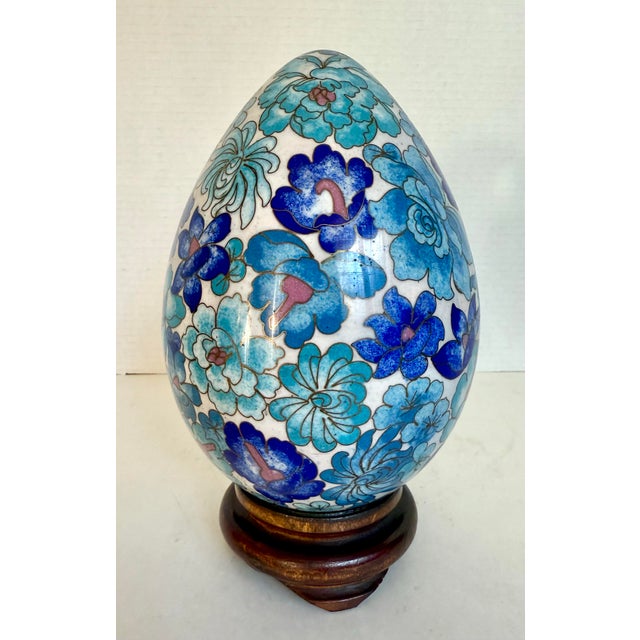 Wood Vintage Display Size Blue Floral Cloisonné Egg on Wood Stand For Sale - Image 7 of 12