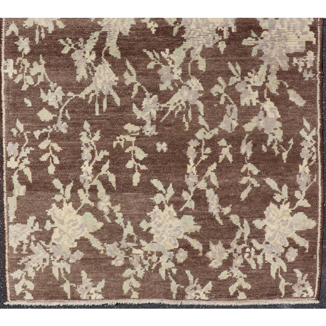 Tribal Mocha Vintage Turkish Oushak Rug With Free-Flowing Green & Cream Flower Blossoms For Sale - Image 3 of 11