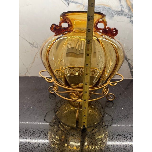 Amber Vintage Amber Hand Blown Glass Vase With Stand For Sale - Image 8 of 8