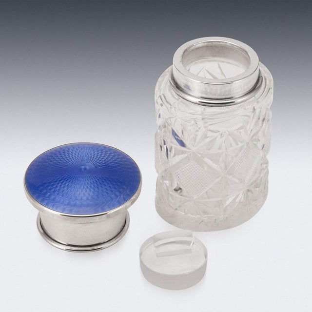 1920s 20thc English Silver, Guilloché Enamel & Cut Crystal Jar, London 1929 For Sale - Image 5 of 14