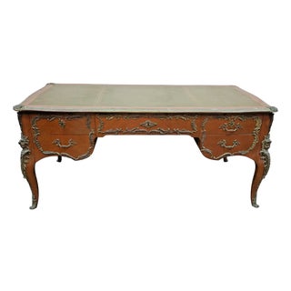 Antique Large French, Ormolu Mounted, Green Leather Top, 69”Bureau Plat Desk For Sale