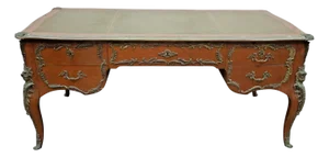 Antique Large French, Ormolu Mounted, Green Leather Top, 69”Bureau Plat Desk