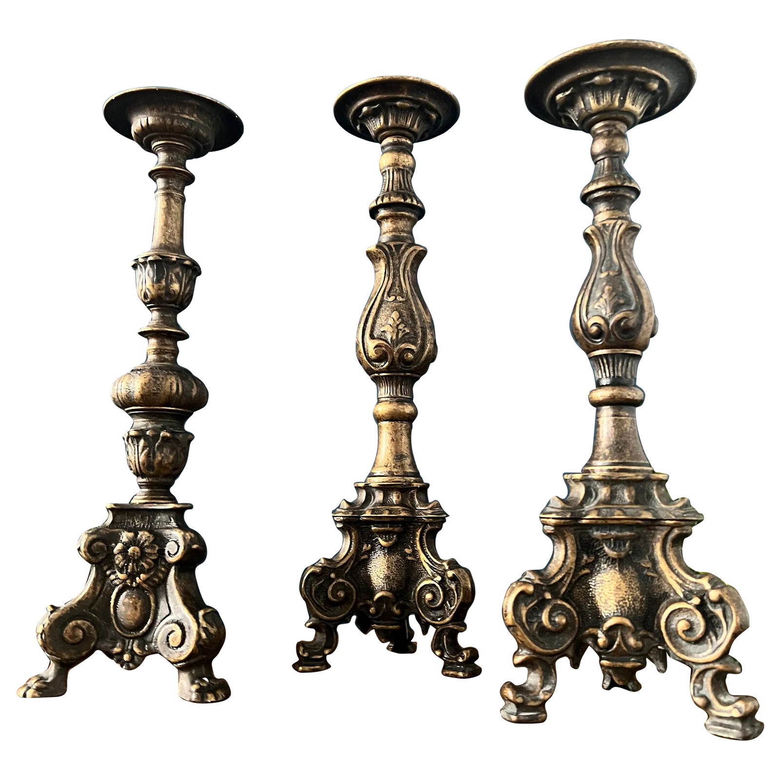 Set of 3 Antique Bronze Altar Candle Holders | Chairish