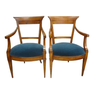 Pair of French Louis XVI Style Walnut Armchairs or Side Chairs