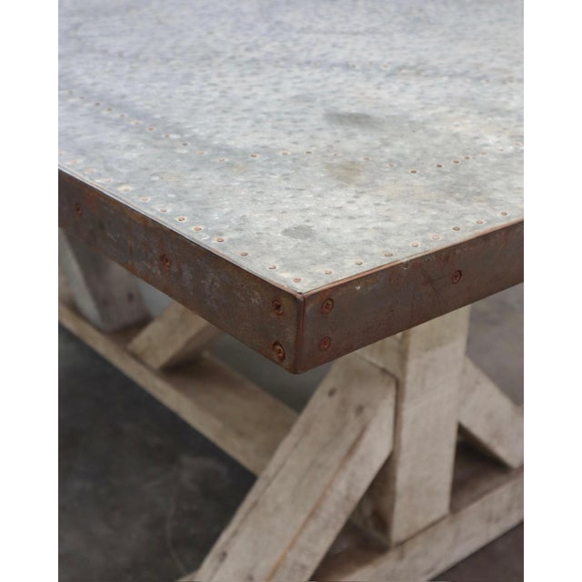 Vintage Zinc Top Trestle Table With Heart Pine Base For Sale - Image 4 of 8