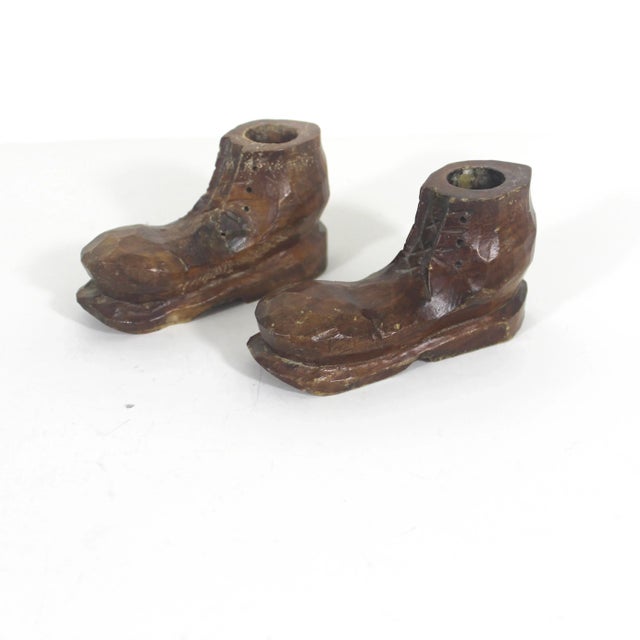 Cabin Vintage Folk Art Hand Carved Wood Boot Candleholders, a Pair For Sale - Image 3 of 8