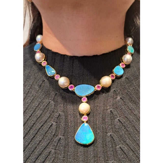 Early 21st Century Bochic "Capri" Opal, Natural Ruby & South Sea Pearl Necklace Set 18K & Silver For Sale - Image 5 of 9