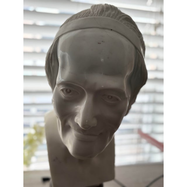 Stone 1960s Large Neoclassical Classical Male Bust Sculpture – White Stone/Marble on Black Marble Base For Sale - Image 7 of 12
