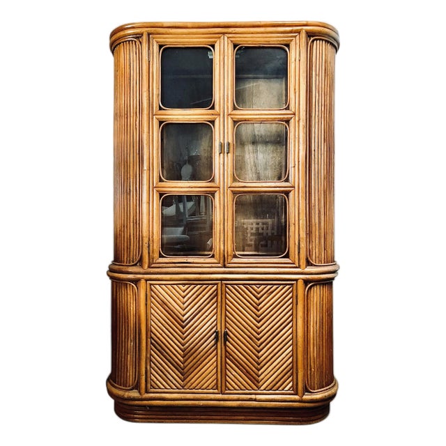 Island Style Vintage Split Reed Rattan China Cabinet For Sale