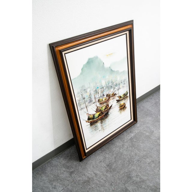 1960s Mid Century Modern Original Art Boat Sailboat White Green Oil Canvas Signed Nm For Sale - Image 5 of 11