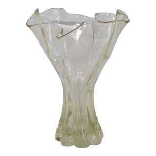 Mid Century Modern Organic Yellow Art Glass Ruffled Rim Handkerchief Vase 4768b For Sale