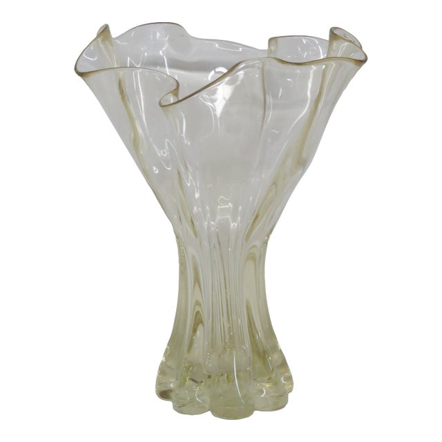 Mid Century Modern Organic Yellow Art Glass Ruffled Rim Handkerchief Vase 4768b For Sale