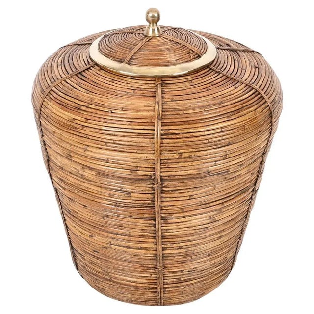 Large French Riviera Basket in Rattan & Brass, Italy, 1970s For Sale - Image 12 of 12