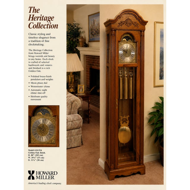 A finely crafted floor clock by Howard Miller, presented in a warm Windsor Cherry finish with traditional bonnet pediment...