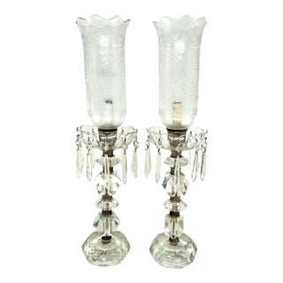 Pair of Vintage Hurricane Cut Crystal Table Lamps For Sale