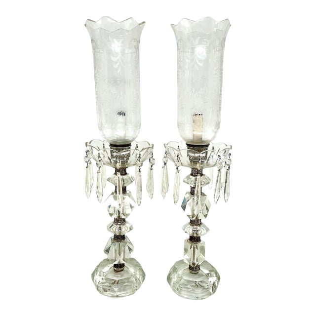 Pair of Vintage Hurricane Cut Crystal Table Lamps For Sale