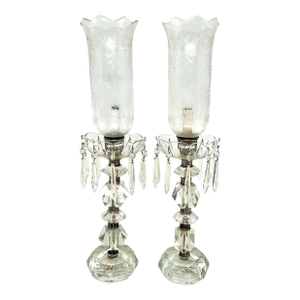 Pair of Vintage Hurricane Cut Crystal Table Lamps