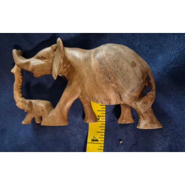 Wood Vintage Mid-Century Kenyan Hand-Carved Hardwood Elephant Mother & Baby Figurine For Sale - Image 7 of 7
