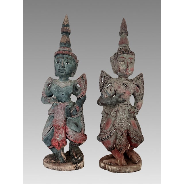Super decorative pieces and sizeable early Antique Thai Teppanom Carved Wood Polychromed Guardian Statues or Figures....