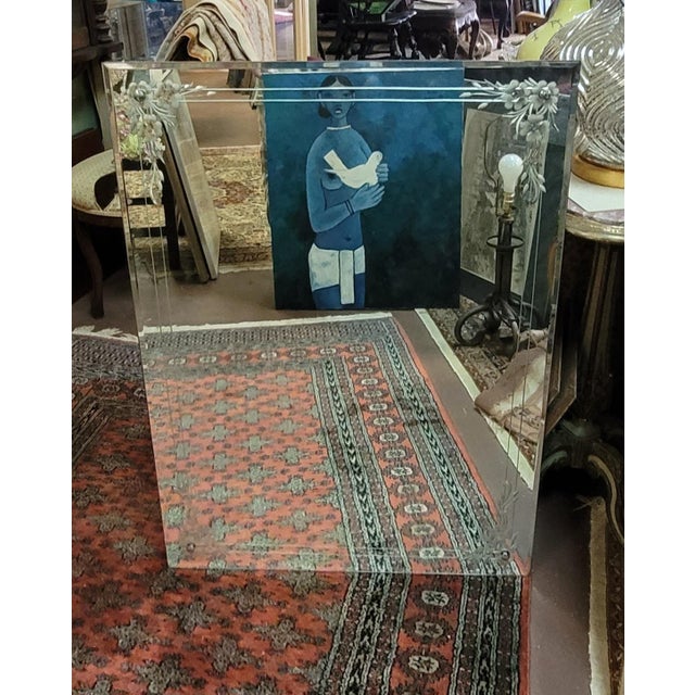 Super nice deco floral etched glass mirror. Features a frame-less form with etched flowers at each corner attached bt...