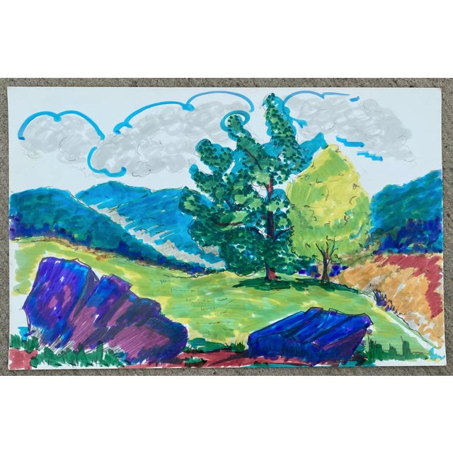 Alexandra Merker (1920-2009) MCM landscape painting on glossy heavy paper. Estate stamp on back.