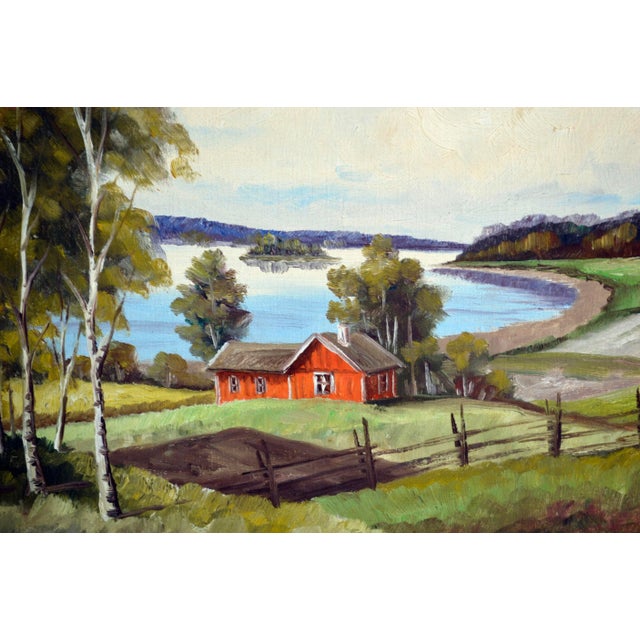 Mid Century River & Farm Landscape in Oil on Canvas Stretched Over Board by J. Anderson For Sale - Image 4 of 7