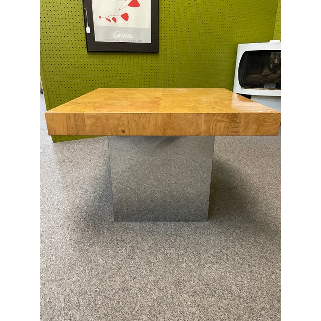 1970s Milo Baughman for Thayer Coggin Burled Olive Wood + Chrome Side Table C. 1970s For Sale - Image 5 of 12