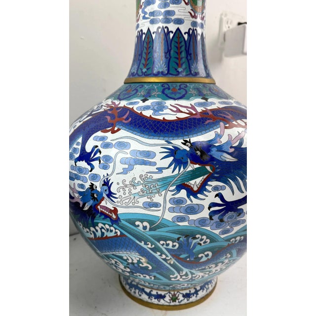Monumental Pair of Chinese Cloisonne Enamel Blue and White Dragons Vases For Sale In New York - Image 6 of 16