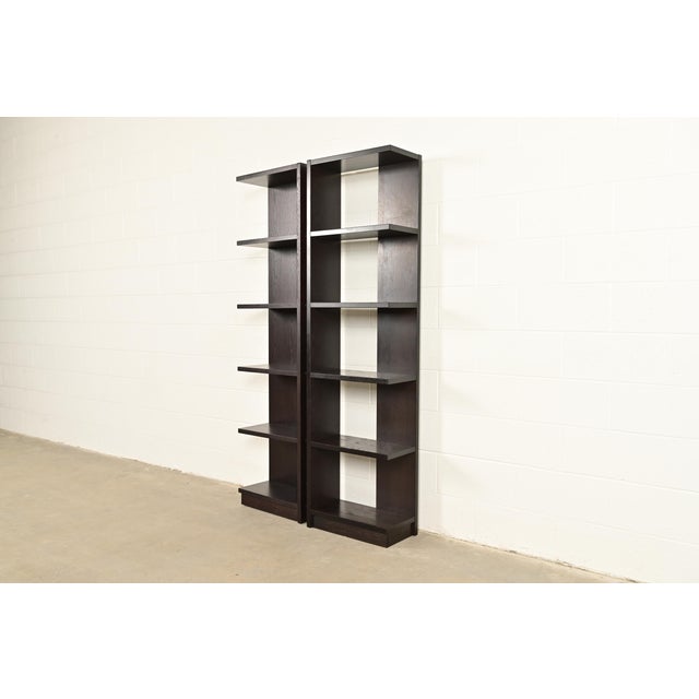 A gorgeous pair of Modern Art Deco style dark oak modular bookshelves, étagères, or display units In the manner of Barbara...