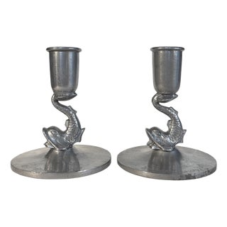 Art Deco Scandinavian Pewter Candlesticks with Sculptural Fish, Sweden, 1931, Set of 2 For Sale