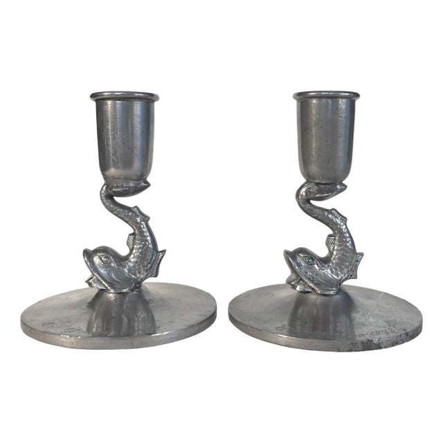 Art Deco Scandinavian Pewter Candlesticks with Sculptural Fish, Sweden, 1931, Set of 2 For Sale