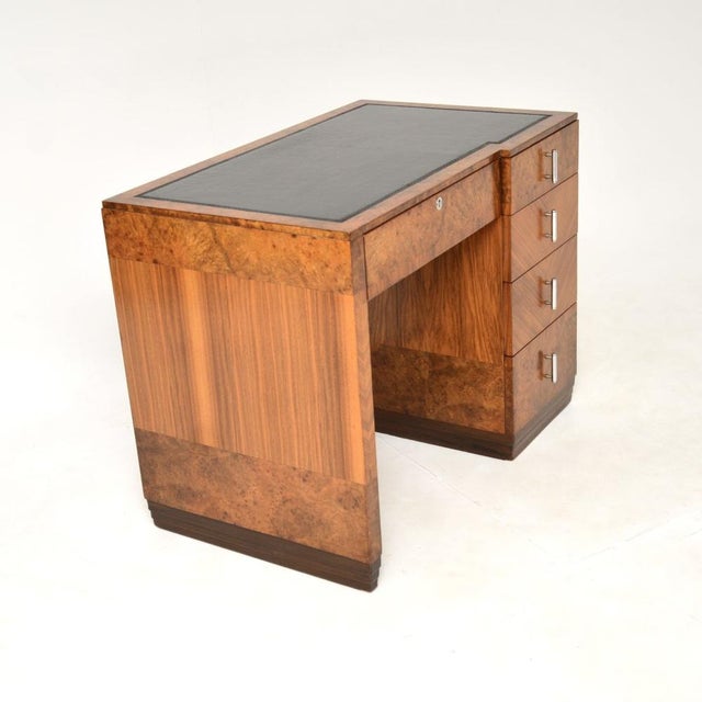 Mid-Century Modern Art Deco Burr, Walnut, and Leather Top Desk, 1930s For Sale - Image 3 of 15