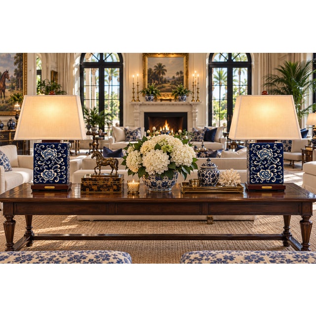 Elegant pair of Ralph Lauren ceramic table lamps featuring a classic blue-and-white floral motif inspired by traditional...