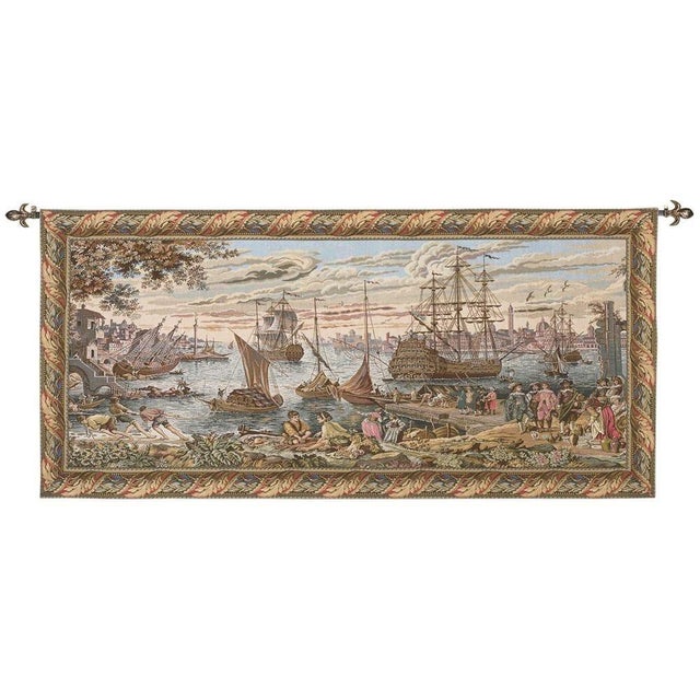 This tapestry represents a 17th Century view of the ancient port of Venice in Italy. In a busy quayside scene, local...